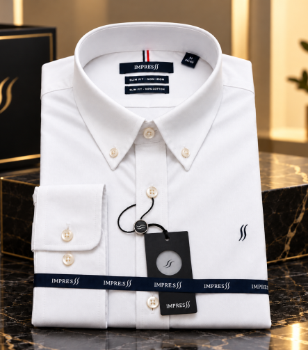 חולצת Impress Oxford F12 לבנה עם צווארון מכופתר – מקופלת