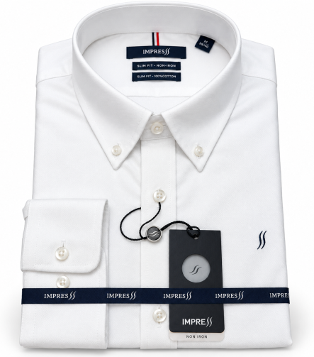 חולצת גברים לבנה 100% כותנה Impress Oxford F12 בגזרת סלים עם שרוול ארוך וכפתורים בצווארון
